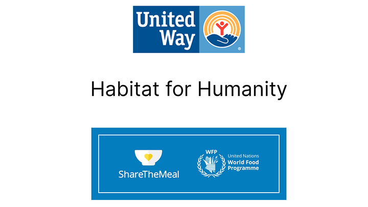  United Way, Habitat for Humanity, Share The Meal, and World Food Programme