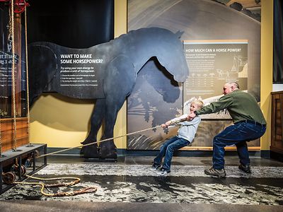 A grandfather and grandson test their strength by pulling a rope in a display