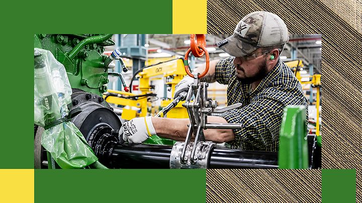 John Deere U.S. factory worker tightens a bolt as the image extends into a farm field with a tractor working the land